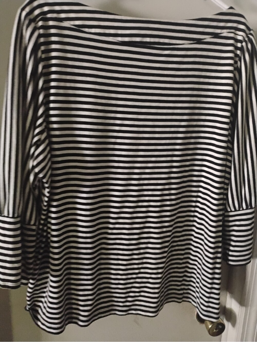 Everly Drive Black White Striped Boatneck Top 3/4 Sleeve Button Shoulder L - Picture 10 of 11
